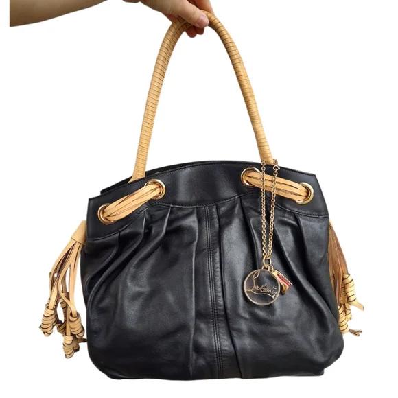 Christian Louboutin Black Leather Large Handbag with Tan Handles